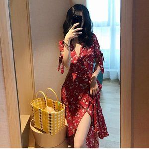 Sexy V Neckline belted floral Dress M L XL 2XL